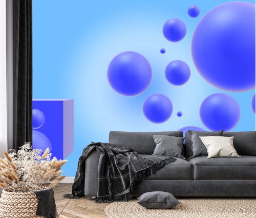 Symbol of a person in a blue cube on a blue background in gradient colors looking at blue balls of different sizes. 3D rendering