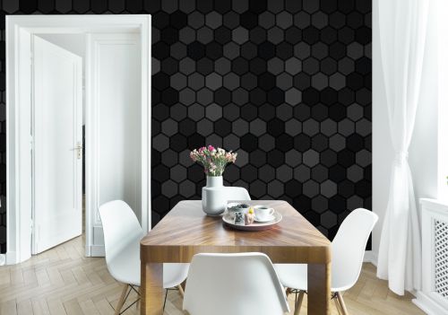 Dark widescreen banner with hexagons with different transparencies. Modern black geometric design header. Simple vector illustration background