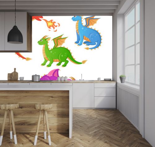 Set of cartoon colorful dragons. Fairytale reptiles with wings. Illustration of fantasy animal character.