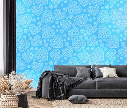 Seamless pattern with abstract cracked hearts, light contoured hearts on a blue background