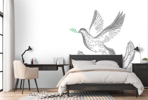 Low poly art dove of peace. World Day pigeon hope emblem against military conflict violence poster drawing sketch. National bird stop no war vector illustration