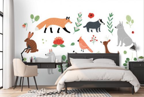 Set with finnish style forest animals, plants and flowers, isolated on white hand drawn vector illustration in flat design