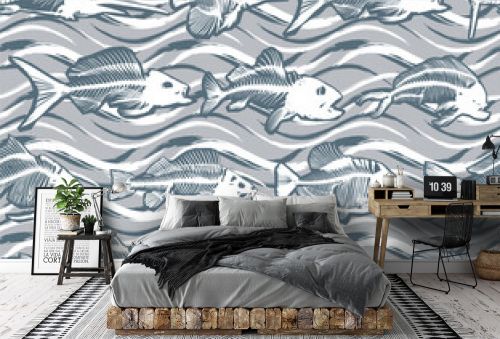 Seamless background with flock of skeleton fishes. 
