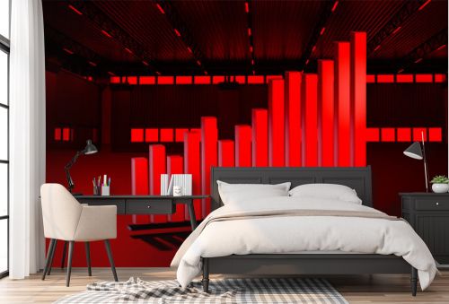 Warehouse business concept. Growing graph in warehouse hangar. Graph symbolizes growth of what area. Dynamics to income of warehouse company. Red neon infographic in empty building. 3d rendering.