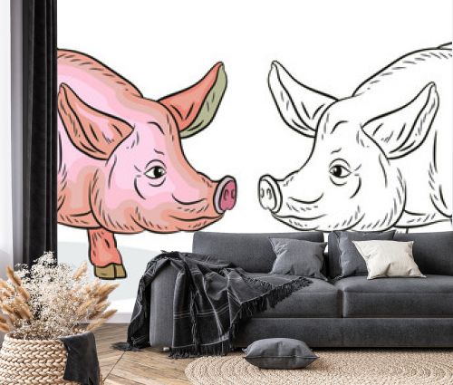 A pet, a pig. Black and white and color image. Coloring book for children. Vector drawing.