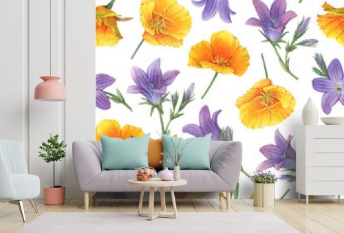 Seamless pattern with bluebell (rapunzel, bellflower, Campanula patula) and golden Eschscholzia (California poppy) flowers. Hand drawn watercolor painting illustration isolated on white background.