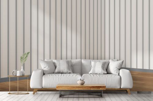 Empty room interior design in white and gray tones, open space with parquet wooden floor, striped wallpaper, classic architecture concept idea