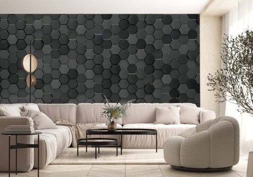 Geometric hexagons black and gray colors with yellow light, luxury abstract background. Horizontal size. 3d rendering illustration.