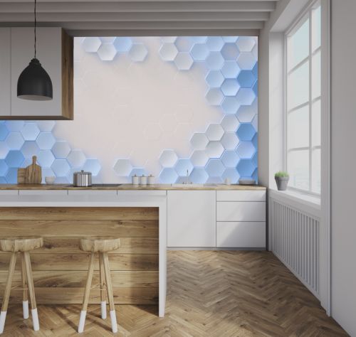 White and blue hexagons geometric background 3D render
