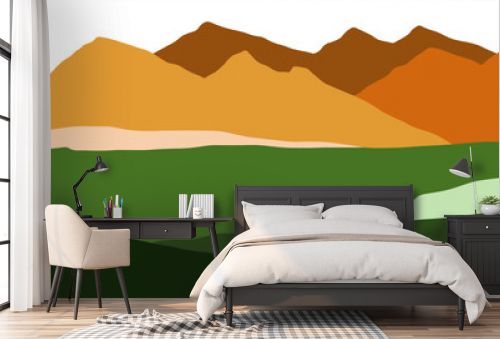 Mountain panoramic and grass field flat style banner background design.