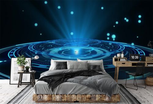 Blue hologram HUD circle interfaces. Digital data network protection, future technology network concept. Excellent for any kind of hi-tec, science, technology or futuristic concept. 3D rendering.