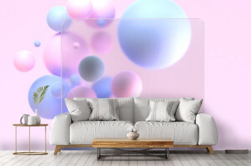 Frosted square glass in glassmorphism style with blur effect 3d render. Blank acrylic matte plate, frame or card on abstract background with pink blue geometric spheres, mockup banner