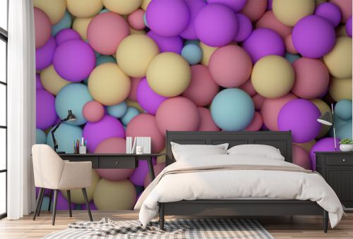 wallpaper with colored balls. Purple, yellow, brown and turquoise blue. 3d render.
