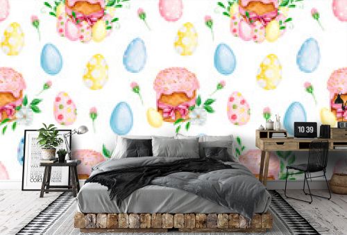 Watercolor seamless pattern Happy Easter holiday elements