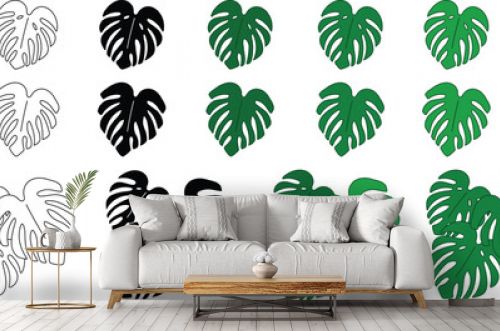 Monstera Plant Leaf Clipart Set - Outline, Silhouette and Color