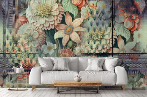 art vintage monochrome and graphic floral seamless pattern with beautiful different style flowers on background. Double Exposure effect for fabric and paper print