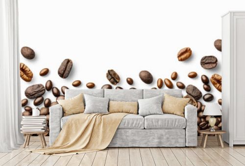 Roasted coffee beans on white background with copy space. Created with Generative AI Technology