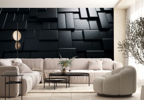Polished black wallpaper with 3D rectangular blocks. Futuristic and sleek background with a tile pattern. Generative AI