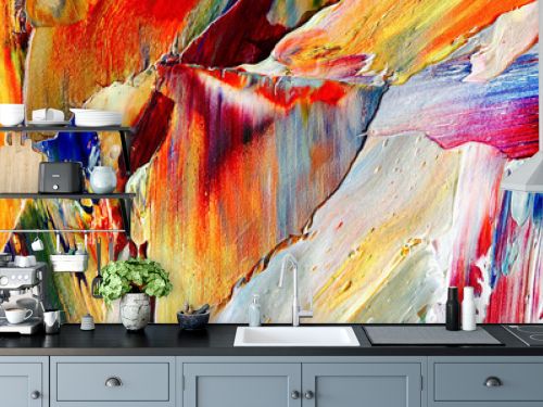 Title Colorful abstract painting background. Modern motif visual art .Intensive multicolor mix of oil vibrant colors. Trendy hand painting canvas . Paint brushstrokes on canvas for trendy poster wall