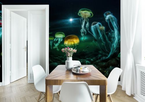 Glowing jellyfish swim deep in the blue sea. Jellyfish neon jellyfish fantasy on black background. Generative AI 