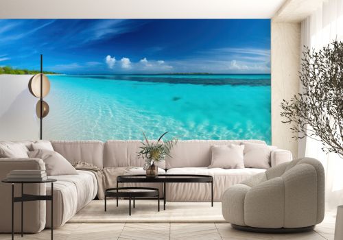 Beautiful white sand beach, turquoise ocean and blue sky with clouds on a sunny day. Summer tropical landscape, panoramic view.Generative AI