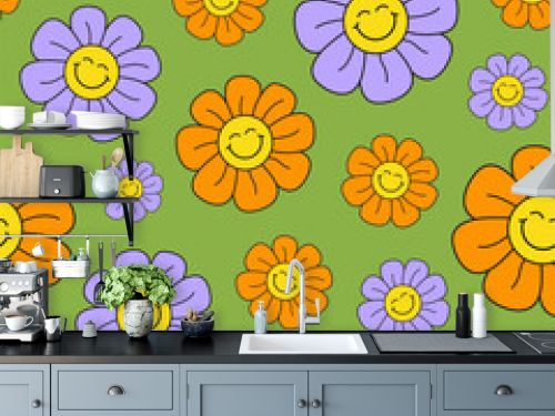 Retro groovy seamless pattern with smiling flowers on a green background. Cute colorful trendy vector illustration in style 60s, 70s