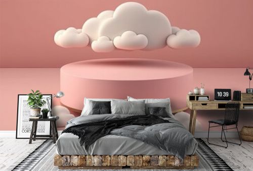 3d rendering, EMPTY round podium, 3d small soft cloud, soft pink background. generative ai