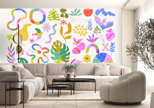 Set of colored Hand drawn Shapes and doodle objects, curves, dots. Abstract contemporary modern trendy collage. Editable Vector illustrations. 