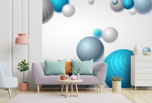 Abstract spheres vector background, composition of flying balls decorated with lines, 3D mixed realistic globes, realistic depth of field effect.