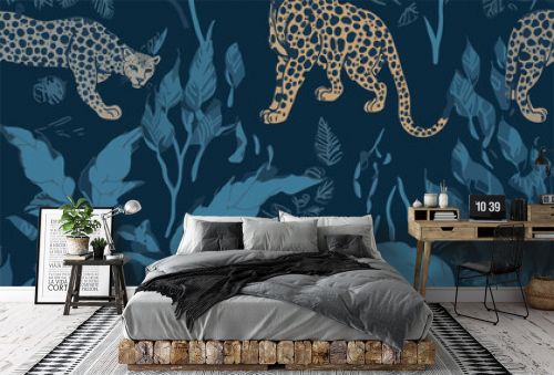 Hand drawn artistic dark blue tones pattern with leopards. Abstract collage contemporary seamless pattern. Fashionable template for design