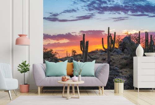 Saguaro Cactus On A Hill At Sunrise Time In Phoenix Arizona Area