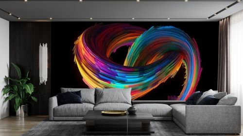 A vibrant multicolored swirl on a dark black background. Generative ai