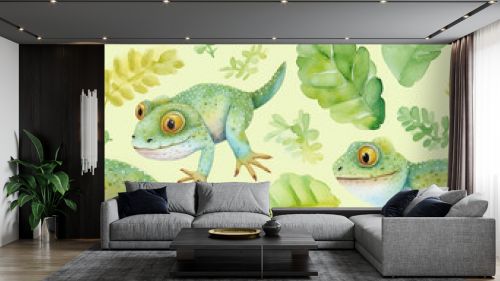 Cute seamless pattern hand drawn in watercolor of lizards on a pastel light green background perfect for childrens clothes / apparel printing, poster design, wallpapers, scrapbooking, etc.