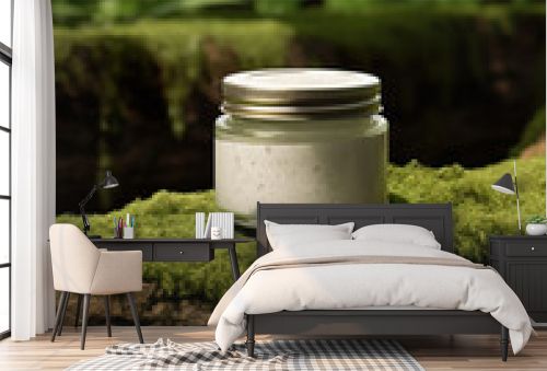 Cosmetic cream jar with lid mockup on green forest background with wooden bark, moss and leaves, beauty product container template