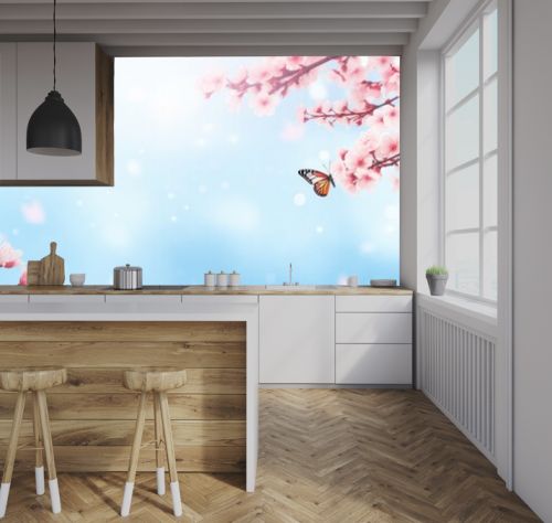 Cherry blossoms, blue sky, butterflies, pink sakura, romantic spring image, Generative AI