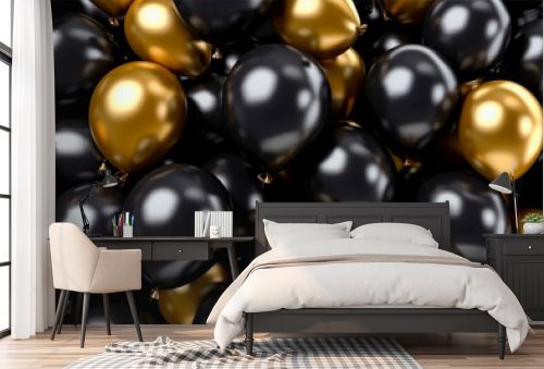 Background with gold and black balloons, generative ai