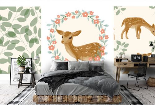 Pattern and print set with elegant deer with floral frame, greenery. Vector illustration