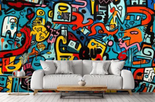 Funky doodles seamless repeat pattern - colorful graffiti abstract art [Generative AI] 