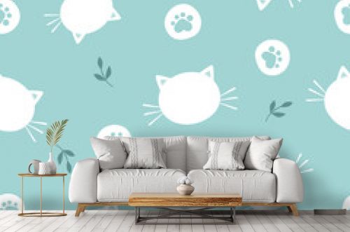 Seamless pattern with cat cartoons, foot print and branches on green mint background vector illustration.