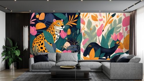 Tropical colorful illustration with leopard, flowers, leaves and toucan, Generative AI