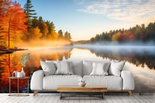 A serene image of a tranquil lake at dawn, with colorful autumn trees reflecting on the water's surface Generative AI