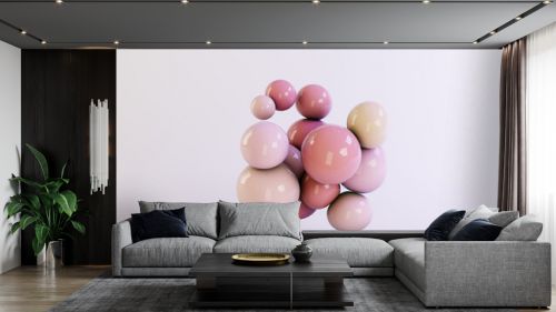 3d abstract illustration of pink and beige balloons, spheres floating. White background
