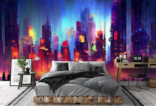 abstract background resembling a futuristic city skyline, with towering buildings and glowing neon lights, portraying a vision of urban utopia