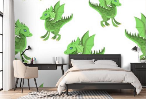 Seamless pattern of cartoon green dragons on a white background.Vector pattern for children's textiles, wallpaper.