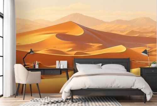  a painting of a desert with sand dunes and mountains in the background. generative ai