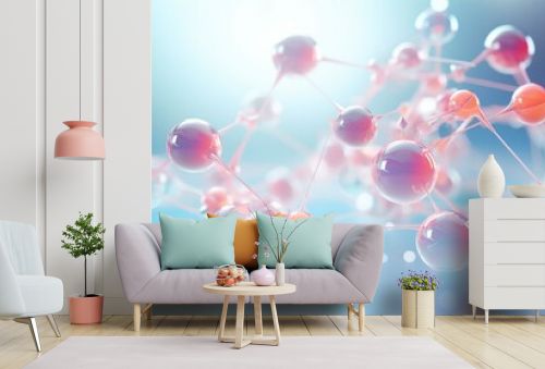 3D model of molecule in collagen bubble with vitamin illustration on soft background. Concept for skincare solution. Generative AI