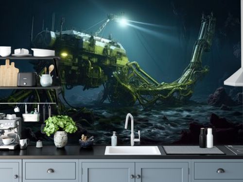 Spaceship in the deep sea. 3d render illustration. massive deep sea mining operation, robotic arm drags the seabed with a robotic harpoon, AI Generated