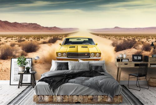 Muscle Car's High-Speed Chase on a Dusty Desert Road