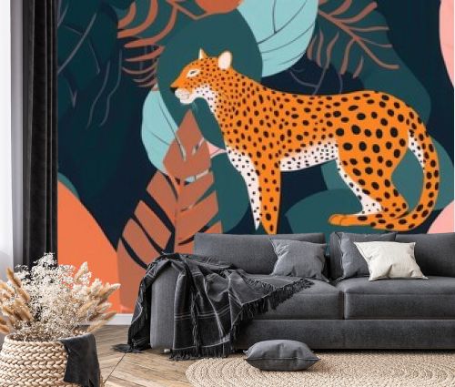 Hand drawn colorful abstract jungle pattern with leopards. Creative collage contemporary seamless pattern. Fashionable template for design, Generative AI