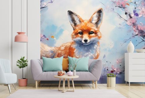 painting style illustration of cute red fox on flower blossom branch, happy animal life, Generative Ai
